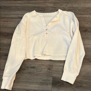 Cream Cropped Henley Long Sleeve Top